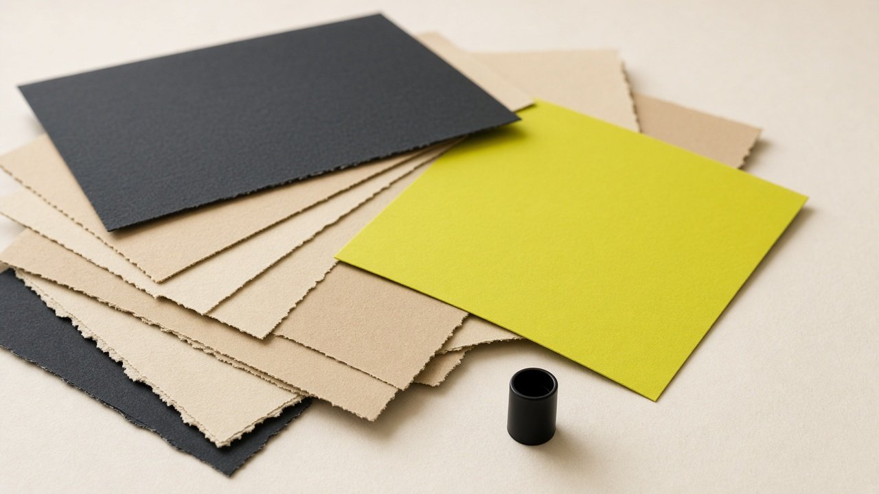Paper swatches in charcoal, sand, and lime